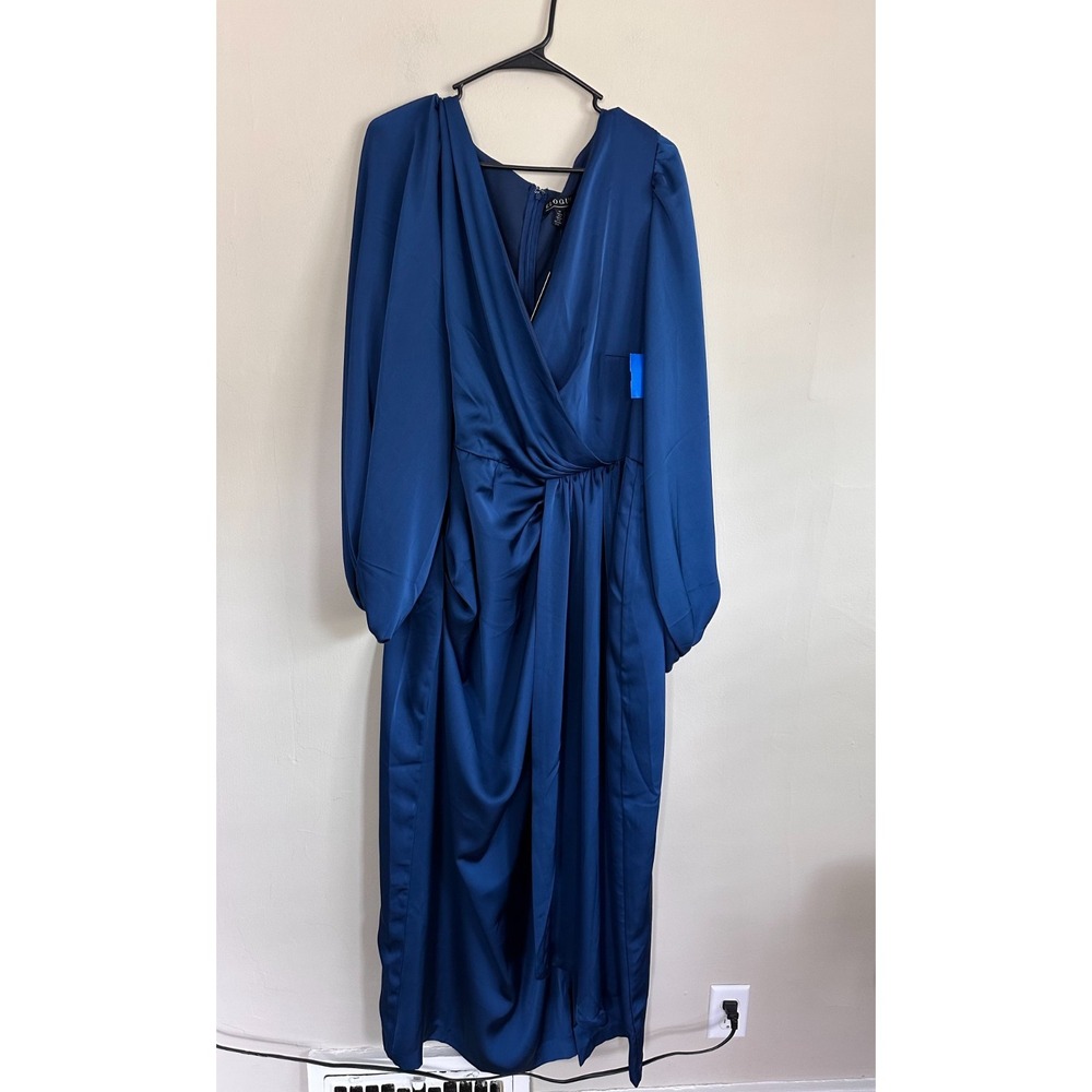 NWT ELOQUII Midi Dress Womens 22 Blue Pleated Balloon-Sleeve Draped Front